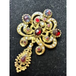 Gold-Tone Red Cabochon Filigree Pendant Brooch - Unbranded
